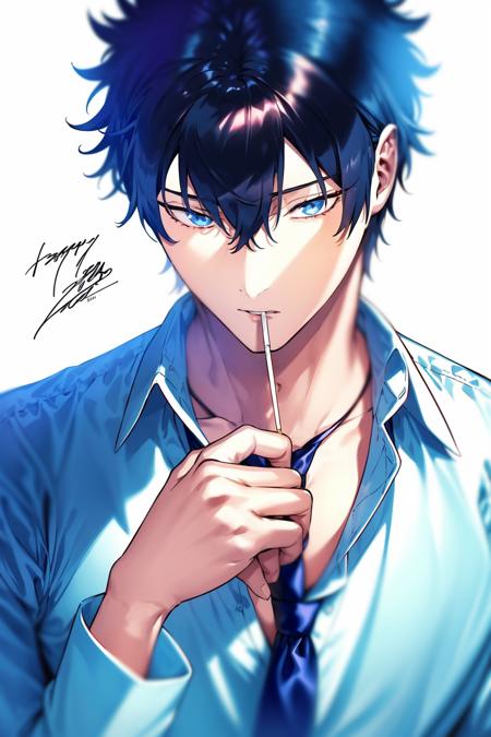 masterpiece, best quality,  <lora:fstyle01-000010:1>,cigarette, solo, 1boy, male focus, necktie, shirt, holding cigarette, blue eyes, happy birthday, white background, white shirt, holding, simple background, short hair, collared shirt, parted lips, hair between eyes, looking at viewer, bangs, upper body, smoking, fushiguro megumi, black hair, spiked hair, dress shirt, blue hair, dated, blue necktie, black necktie, character name, sleeves rolled up, signature, long sleeves, smoke, loose necktie