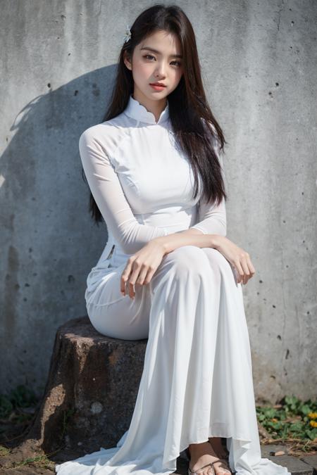 1girl, aodai white, photo art, (flower), <lora:aodai_SDLife_Chiasedamme_v3.0:0.62>, a stunning photo with beautiful saturation, ultra high res,(realistic:1.4)),deep shadow,(best quality, masterpiece), pale skin, dimly lit, shade, flustered, blush, highly detailed, skinny, BREAK depth of field, film grain, wrinkled skin, looking at viewer, knee, warm smile, (upper body), masterpiece,ultra realistic,32k,extremely detailed CG unity 8k wallpaper, best quality, (full body:1.4)