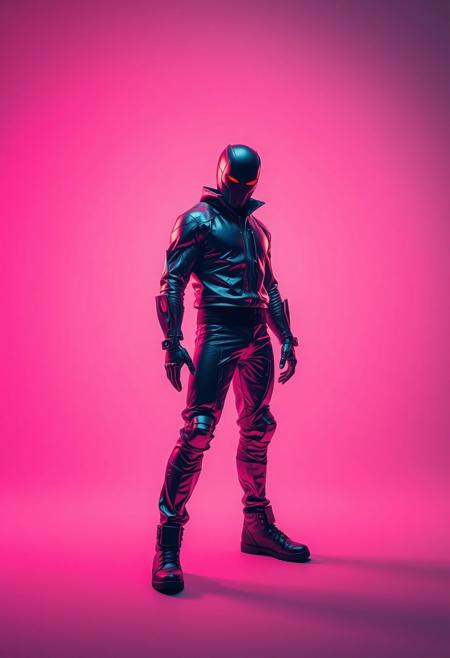 robert t techno style , Background: Clean, soft neon gradient with faint shadows and smudges, creating a stark contrast that emphasizes the character’s metallic textures and vibrant silhouette.