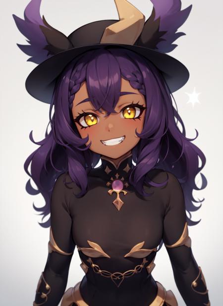 <lora:LuzNocedaTitan-02:0.85>, LuzNocedaTitan, 1girl, yellow eyes, black headwear, grin, hat, purple hair, smile, solo, brown skin, black sclera