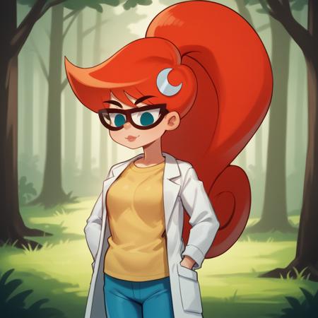1girl, Mary, Red hair, long hair, high ponytail , blue eyes,  glasses, blue pants , yellow t-shirt,  crescent hair ornament , lab coat, long sleeves, 