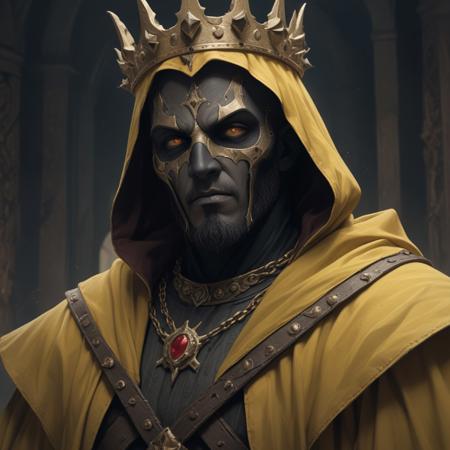 Create a highly detailed portrait of a medieval holy necromancer with a crown on his head, wearing a black mempo mask and yellow robes, in a low-angle shot with ultra-high quality modeling. Incorporate the styles of Rozalski, Casey Baugh, and James Jean, with a production quality cinema model. The character should be standing in an evil, smiling pose, reminiscent of Yeezus, and inspired by the works of Artgerm, Wayne Reynolds, and Darius Zawadzki.