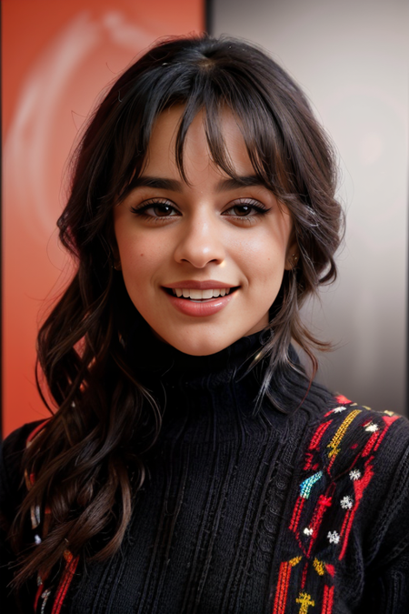 CamilaCabello, modelshoot, pose, standing, upper body, ((black background, black turtleneck sweater:1.3), ((closeup on face, laughing))