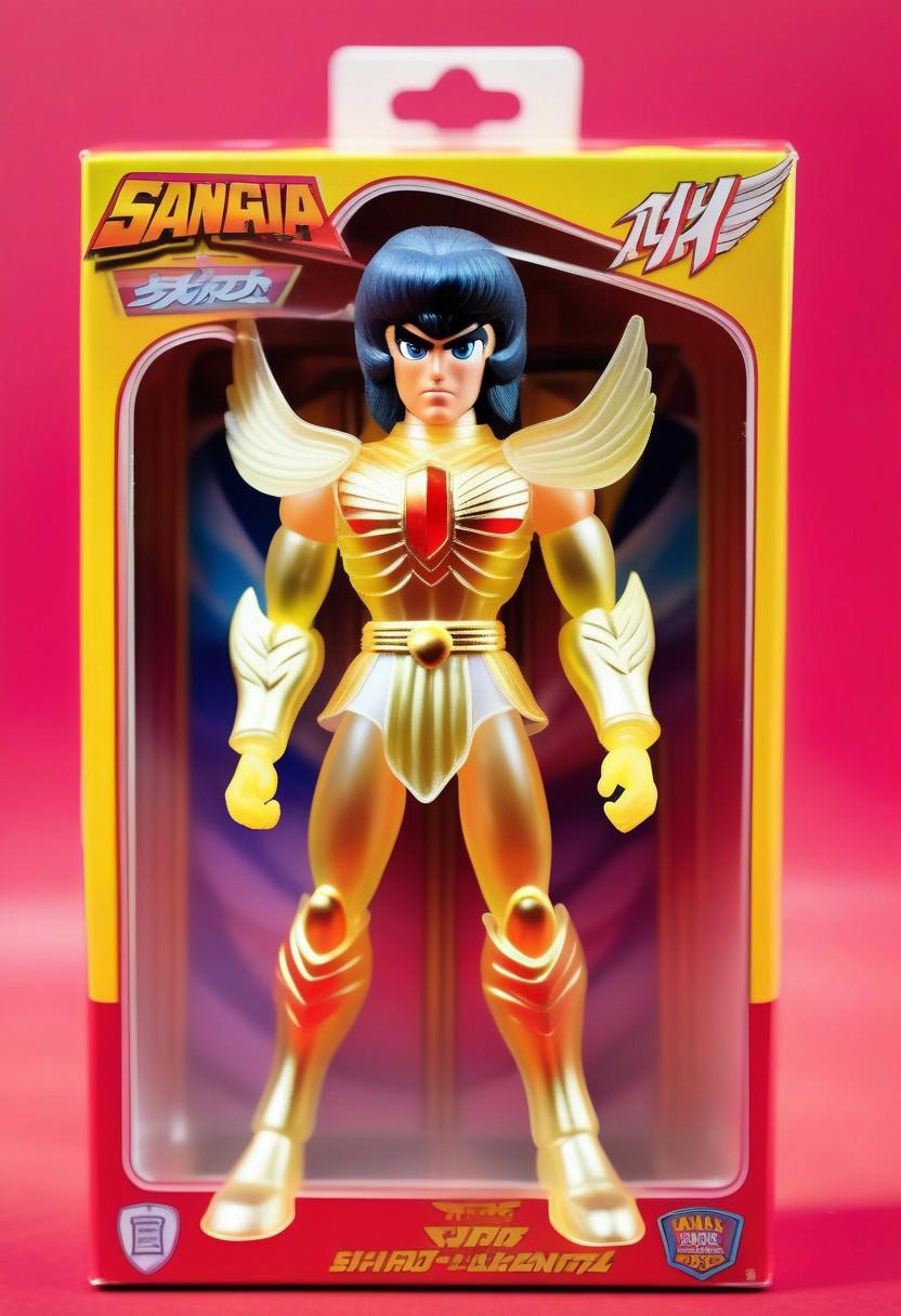 <lora:1987 Action Figure Playset Packaging:1>1987 Action Figure Playset Packaging - A product photo of a 1970s japanese toy translucent Pegasus Seiya from Saint Seiya anime
 , in front of packaging.