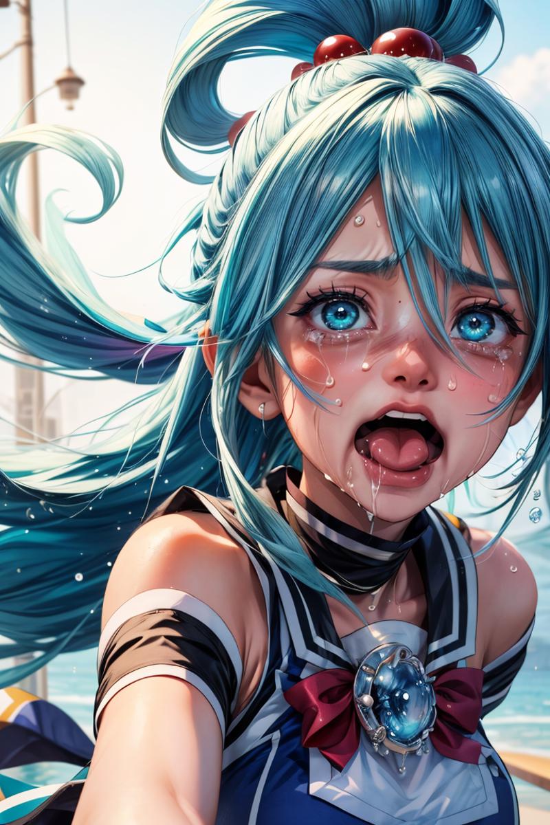 A blue-haired girl with blue eyes and a black bow in her hair.