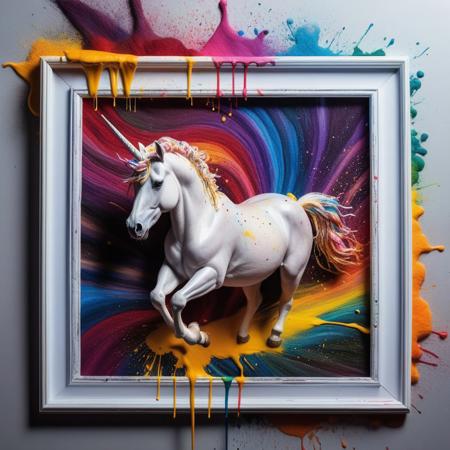 high detailed cinematic photo, breathtaking, a unicorn bursting through a picture frame, the painting is a splash of colorful paint, Jackson Polloc style, perfect lighting, patchwork of wool