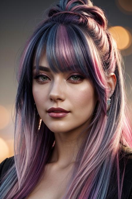 close-up, (solo:1.3) Round Chin,((two-toned hair:1.3), (gradient hair) (dark blue hair) fading to (pink hair)), Long Hair, Thick Hair, (grey eyes:1.2), (beautiful bright eyes), round breasts, large breasts, Faux gauge earrings, red metallic lipstick, Ivy League university campus, Overall Detail BREAK (masterpiece:1.2, best quality), (finely detailed beautiful eyes: 1.2), (extremely detailed CG unity 8k wallpaper, masterpiece, best quality, ultra-detailed, best shadow), (detailed background) BREAK Royalty:1.3), dressed in Prince Chaotic Transparent Unique Neon Lighting, her hair is Magnificent and styled as French twist bun, at Sunrise, Bokeh, Screen print, Frightening, volumetric lighting, F/5, Colorful <lora:Elixir:0.5> <lora:more_details:0.8>