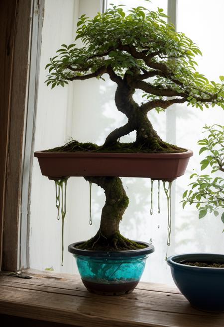 photograph of wet sample of a bonsai in a jar of murky liquid. Decomposed with faded colors, very detailed, creepy atmosphere, standing on a creepy window sill