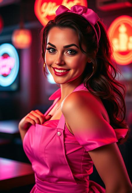 realistic photographic of a stunningly beautiful woman, a charming pin-up waitress model, sporting a vibrant pink uniform with a playful apron, engaging, flirty smile, atmospheric, irresistible gaze, sexy, masterpiece, best quality, dark and light neon mix, masterpiece midjourneyv6.1, volumetric lighting, expressive, warm colors, extreme energy, dynamic posing,