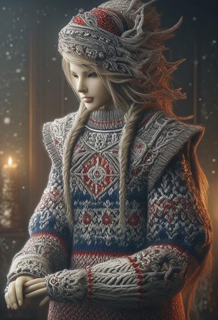 masterpiece, best quality, newest, absurdres, highres, thunderboltfantasy, hIghly detailed photograph, 1girl, standing, ChristmasSweater, xing hair