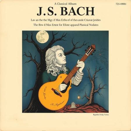 A cover of a Classical album of "J.S. BACH"  with art in the style of Max Ernst's Lithographs
