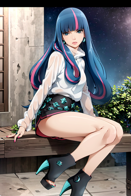 ((best quality)), ((highly detailed)), masterpiece, ((official art)), detailed face, beautiful face, (detailed eyes:1.3, deep eyes), (eida), long hair, looking at viewer, bangs, blue eyes, shirt, long sleeves, jewelry, very long hair, blue hair, full body, (sitting),white shirt, pink hair, multicolored hair, earrings, boots, shorts, blunt bangs, star (symbol), (sky), (night), outdours, nail polish, black footwear,  high heels, streaked hair,  black shorts, border, ring, high heel boots,dynamic pose, dynamic angle, fashion,best quality, masterpiece, intricate details, tonemapping, sharp focus, hyper detailed, trending on Artstation,1 girl, solo,best quality, masterpiece, intricate details, tonemapping, sharp focus, hyper detailed, trending on Artstation,1 girl, solo