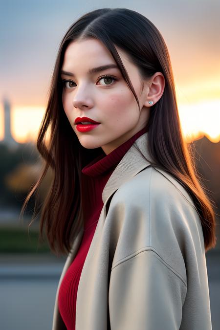 beautiful woman (atjoy:.99), perfect waist, closeup portrait, realistic, (detailed:1.15),(film grain, skin details, 4k:1), shocked, Dappled Light, analog style (look at the viewer), (skin texture), (film grain), (hyper-realistic texture skin:1.3), cinematic light, sidelighting, ultra high res, best shadow, RAW, beautiful hair, designer jacket, fashionable skirt, turtleneck shirt, winter city park, professional model photoshoot, hdr, sunset, (red lips)