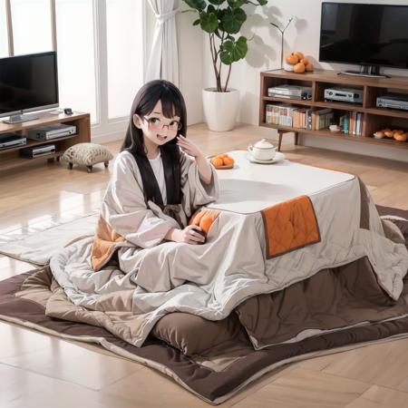 best quality, ultra-detailed, illustration,
hanten, 1girl, glasses, black hair, long hair, sitting, shirt, laughing, looking at viewer, solo focus, 
kotatsu, indoors, television, rug, wooden floor, book, blanket, carpet, mandarin orange, cup, orange (fruit), bowl, teapot,
 <lora:JAPAN_Hanten_SD15_V1:0.6> <lora:JAPAN_Scenery_kotatsu_SD15_V2:0.6>