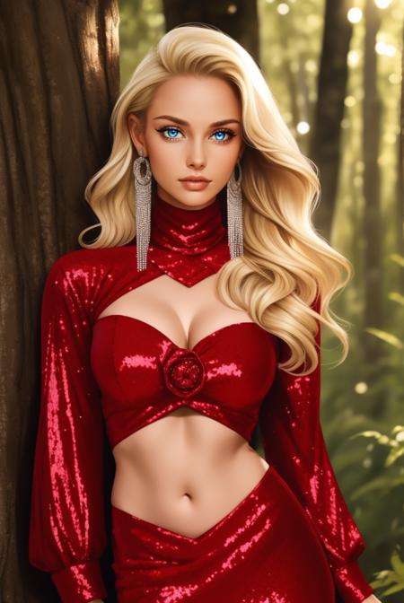HUD_Rd_Seq, (red sequin flower accent crop top), maxi skirt, bare midriff, navel, cleavage, long sleeves, shoulder cover, shrug, long earrings