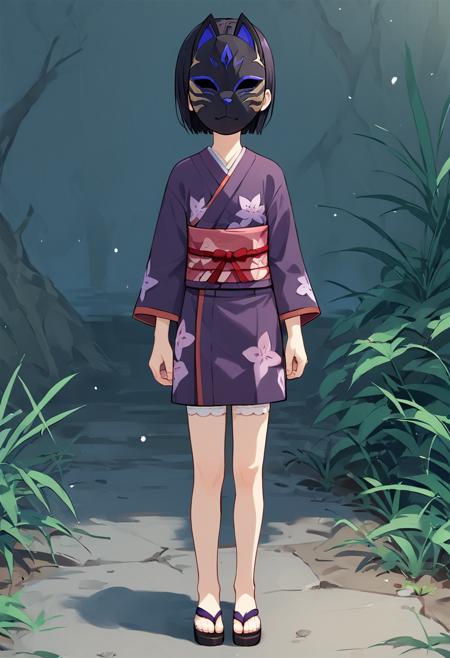 kazari, mask, fox mask, covered face, faceless, short hair, brown hair, miko, japanese clothes, hakama, wide sleeves, sleeves past wrists, red hakama youko, child, mask, black fox mask, covered face, faceless, short hair, black hair, japanese clothes, kimono, sash, purple kimono, floral print, short kimono, obi, print kimono tsumi, mask, blue hair, dark blue hair, short hair, snake mask, covered face, faceless, japanese clothes, miko, kimono, hakama, blue hakama, wide sleeves, sleeves past wrists