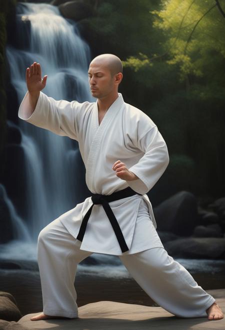 a Caucasian Zen practicing tai chi, eyes closed wearing a judogi, in Yang position, sunny exterior, forest and waterfall background, 16k, masterpiece, highly detailed photo-realistic oil painting by Greg Rutowski, cinematic lighting
