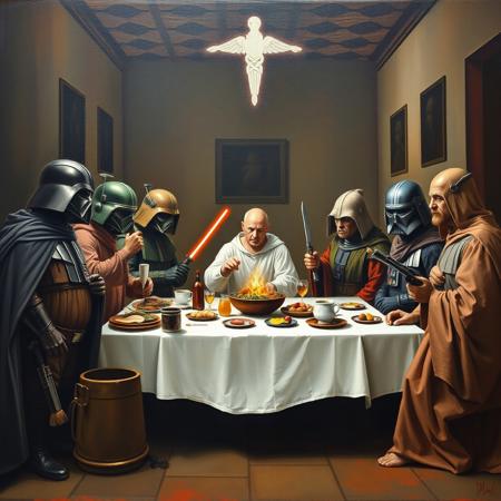 Star Wars characters recreating the last supper. Oil paint on canvas. In the style of Leonardo Davinci.