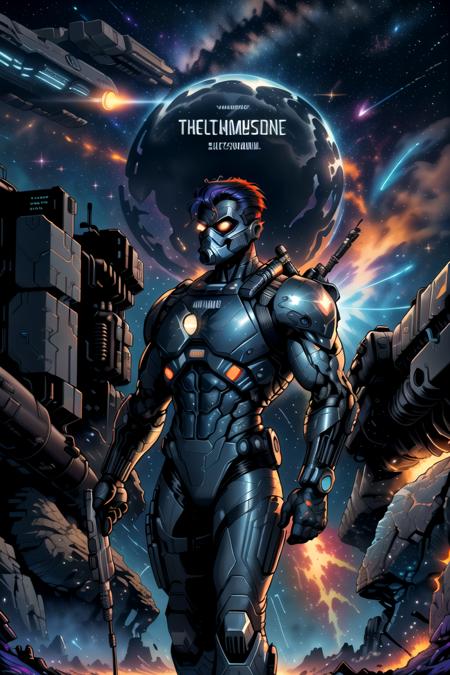 (scifi book cover art <lora:stylesqueeze_v1:1>), ((large title text)), a [cyborg terminator|shirtless] man, wearing a gas mask, in a desert, colorful hair, perfect face, (side view), nice thighs, night time, starry night, galaxies and cosmos, magic explosions in background, cool atmosphere, 8k, uhd, absurdres, prominent outline linework, flat colors