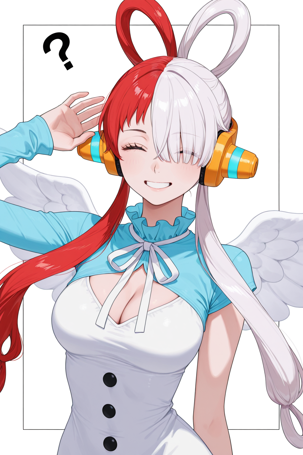 A woman with hair that is half red and half white styled into large loops and pigtails, with her eyes closed and a bright, toothy smile, holding one hand to her head in a questioning gesture. She is wearing large headphones, a white sleeveless dress, and a light blue bolero with a bow. 