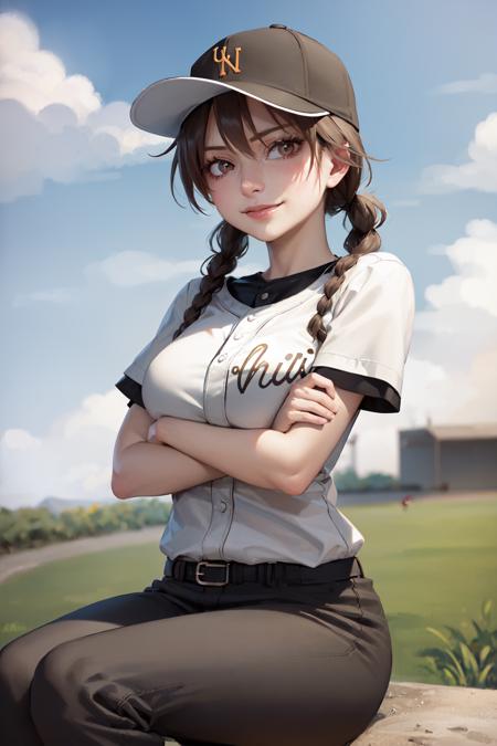 (masterpiece, best quality:1.2), <lora:bigwindup_momoe-10:1.0>, solo, 1girl, momoe marie, smile, looking afar, crossed arms, sitting, baseball cap, baseball uniform