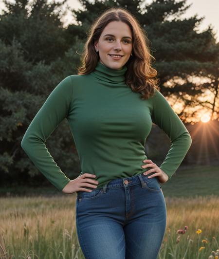 3l3r05y, spectacular light, upper body, Leaves, sunset, Colorful flowers, close portrait photo, Twilight, firelies, Green meadow, breast, Turtleneck, jeans, smile