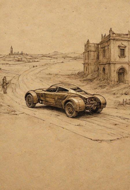 linquivera, liiv1, on parchment
sketch of vehicle in a futuristic but dystopian open environment,an open field, in a setting that features a woman walking away from a burning building. The scene should embody the depth and emotion typical of Renaissance art, with realistic details and proportions. Subtly integrate futuristic technology elements into this historical context, such as a small, advanced gadget or an anachronistic accessory that hints at advanced technology. The color palette should blend the rich, deep hues of Renaissance art with subtle metallic or neon accents to represent the futuristic aspects, creating a captivating juxtaposition of eras