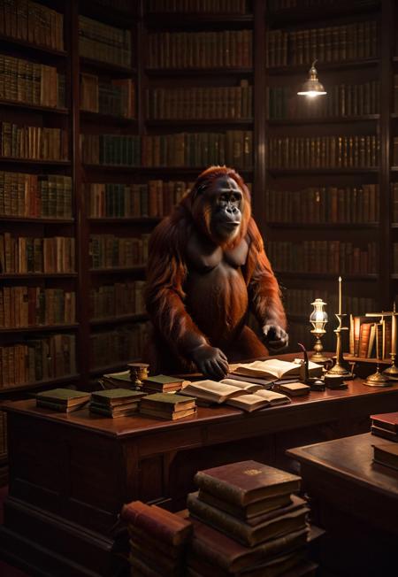 Highest quality illustration, 4k, UHD, image by fr4z3tt4, a picture of an "Orangutan librarian", not just any orangutan, but the orangutan of "Unseen University", sitting at his desk in Unseen University (((Library))), a place of knoweledge, storing vast amouts of magical , dangerous books and references.
The orangutan librarin is sttting at his deskcontemplating the meaning of life