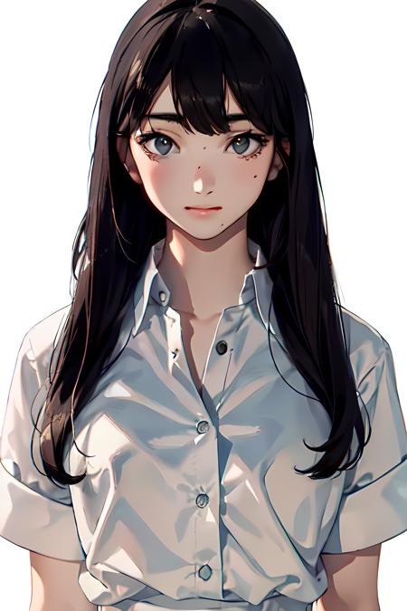 nanakomatsureal, masterpiece, best quality, ultra high res, beautiful detailed eyes, 1 girl, dslr, looking at viewer, standing, black eyes, black hair, long hair, medium breasts, white shirt, ((white background)), <lora:nanakomatsulora:1>,