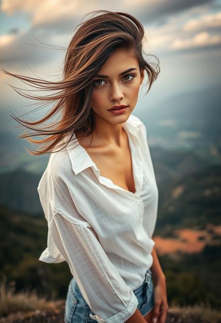 A breathtaking 22-year-old brunette supermodel with strikingly complex irises gazes intently at the viewer, her wind-swept hair framing delicate features. Dressed in a loose translucent white linen shirt and denim shorts, peering into the distance. The composition, captured at a Dutch angle, features stunning scenery in the background, enhanced by cinematic lighting and volumetric effects. The foreground and background are artistically blurred, with chromatic aberration adding depth and intrigue.