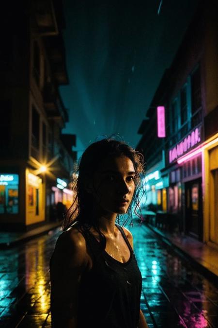 LanaSin
Amidst the rain-slicked sidewalk, she strides purposefully, each step leaving a soft ripple in the puddles below. The patter of raindrops adds rhythm to her journey, saturating her attire and hair with a glistening sheen. super bright headlight flash from Passing cars cast a fleeting halo of light around her figure as their headlights slice through the darkness. Meanwhile, vibrant neon signs lining the storefronts bathe her face in a surreal palette of electric blue, vivid pink, and neon green, painting her features with an otherworldly glow. Amidst this urban symphony, a streetlight bathes her in Rembrandt light, lending dramatic contrast and depth to her expression. Subtle rim lights contour her silhouette, adding dimension, while a soft hair light delicately accents the strands of her wet hair, completing the captivating scene.