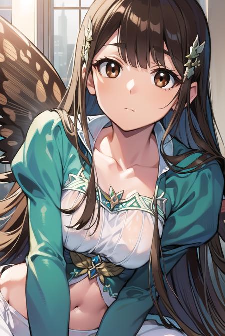 amagikoborii, <lora:amagikoboriitest:0.8>, 
koborii, (brown eyes:1.5), brown hair, long hair, hair flower, hair ornament, sidelocks, (small breast:1.2),
BREAK fairy wings, juliet sleeves, long sleeves, navel, puffy sleeves, thighhighs, white thighhighs, wings,
BREAK looking at viewer,
BREAK outdoors, city,
BREAK <lora:GoodHands-vanilla:1>, (masterpiece:1.2), best quality, high resolution, unity 8k wallpaper, (illustration:0.8), (beautiful detailed eyes:1.6), extremely detailed face, perfect lighting, extremely detailed CG, (perfect hands, perfect anatomy),