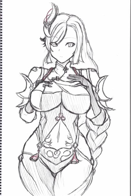 <lora:style18-v2:1>,(sketch:1.4),<lora:shenhe:1>,1girl,shenhe \(genshin impact\), long hair,hair ornament, braided ponytail,puffy sleeves,trim,gloves,bodysuit,large breasts,breast curtain, shoulder cutout,covered navel,hip vent,clothing cutout, tassel,