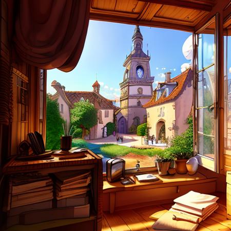 <lora:mi3:0.8> room filled with clutter and big French open window  looking at village