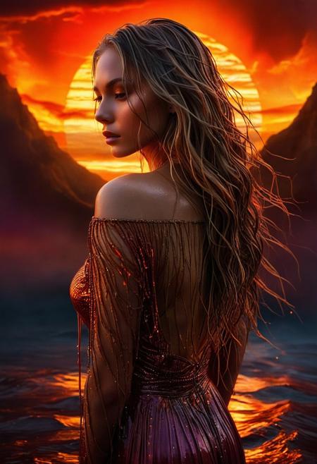 This is a digitally created, hyper-realistic fantasy art piece. The image depicts a young woman standing in a surreal, mystical setting bathed in an intense, glowing sunset. The background showcases an expansive, fiery sky with hues of orange, red, and gold, casting a warm light that illuminates the scene. The woman has fair skin and long, wet, dark blonde hair cascading down her back, with strands clinging to her face and shoulders, suggesting she's been in water.