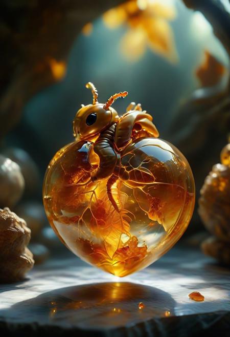improved cinematic photo, 35mm photograph, film, professional, 4k, highly detailed,
An amber fragment enclosing a Human Heart,
The amber fragment is a smooth, slightly irregular sphere, roughly the size of a marble, with a warm golden-brown hue. Its surface is polished, gleaming softly under light, revealing a mesmerizing play of golden, honey, and orange tones. Tiny air bubbles and organic inclusions are scattered throughout, lending it a sense of antiquity and natural complexity.
Inside, a perfectly preserved Human Heart lies suspended in time, its delicate body encased in the translucent amber.
Around the Human Heart, subtle striations and minute organic fragments, possibly plant material or dust, create a vignette that frames the insect. The amber’s clarity varies in places, with some sections slightly cloudy, further accentuating the Human Heart as the focal point. The fragment feels timeless, a tiny time capsule offering a glimpse into a prehistoric world millions of years ago