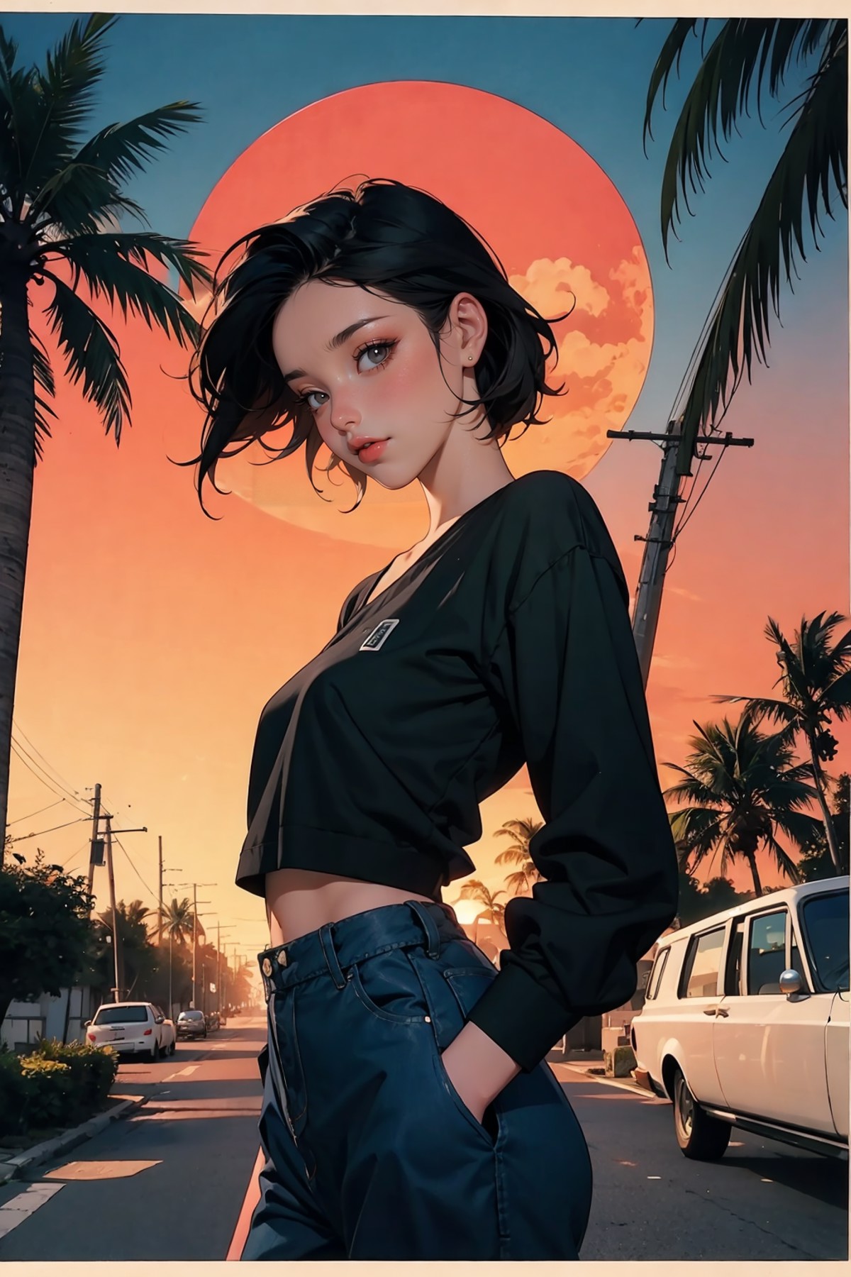 retro girl, Miami, sunset, Ferrari, palm tree, 90's, (flat colors, flat texture, lineart:1.2), graphical design, (heavy in...