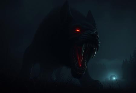 surreal scene, in the distance werewolf giant in the countryside, open red maw, creepy eyes, horrors, houses, pitch darkness, fog, airy, night, forest, intricate details, hyper-realistic, hyper-detailed, ultra-sharp, professional photoshoot, moody chiaroscuro lighting, vivid color