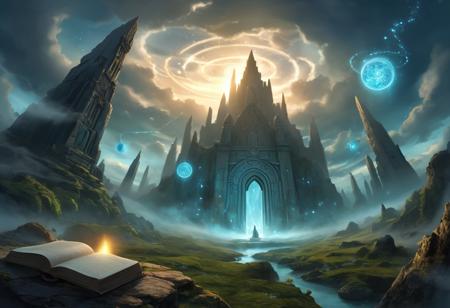 Fantasy book cover, central composition, (style of John Howe), an ancient wizard standing before a towering mystical gateway, glowing runes and arcane symbols spiraling around the doorway (arcane gateway:1.5), the wizard's staff glowing with ethereal light, casting a soft magical aura around the scene (wizard:1.4, glowing staff:1.2), surrounding him is a vast mystical landscape: floating islands (floating islands:1.1), swirling clouds of arcane energy (arcane energy:1.3), ethereal creatures lurking in the background, barely visible through the mist (ethereal creatures:1), an ancient tome floating mid-air, pages flipping as if by an invisible hand (ancient tome:1.4), soft glowing light from various magical orbs floating in the air, casting an eerie yet beautiful glow (floating orbs:1.3), twilight sky filled with stars and shifting constellations, hinting at celestial magic (starry sky:1.2), deep shadows and mysterious fog swirling around the lower part of the scene, contrasting with the glowing magic above (shadows and fog:1.2), intricate details on the wizard's robe, covered in ancient glyphs and celestial symbols (wizard robes:1), background filled with ancient stone ruins, covered in moss, and partially hidden in the mist (ancient ruins:0.9), glowing magical highlights contrasting with darker tones BREAK cover focuses on mysterious and wondrous atmosphere, balance between light and dark magic, mystical glowing effects from enchanted objects