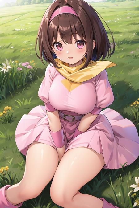 best quality, ultra-detailed, (1girl, solo, <lyco:pretty-bomber-without-helmet-v1:1>, pretty-bomber, brown hair, pink dress, puffy short sleeves, sitting on the meadow), grasslands,