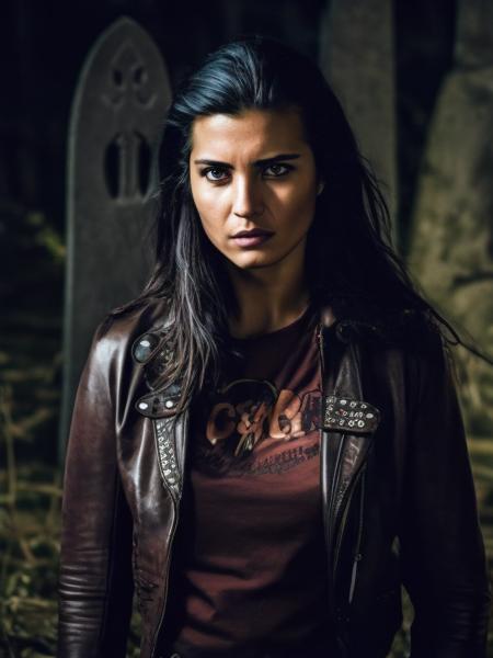 A stunning intricate full color portrait of (sks woman <lora:TubaBuyukustun01-000005:1>), brown leather jacket, cropped black t-shirt, torn skinny jeans, punk <lora:punk_v0.2:0.7>, long hair, epic character composition, sharp focus, natural lighting, subsurface scattering, f2, 35mm, film grain, haunted graveyard, night, creepy, dense fog
<lora:add_detail:0.6> <lora:LowRA:0.5>