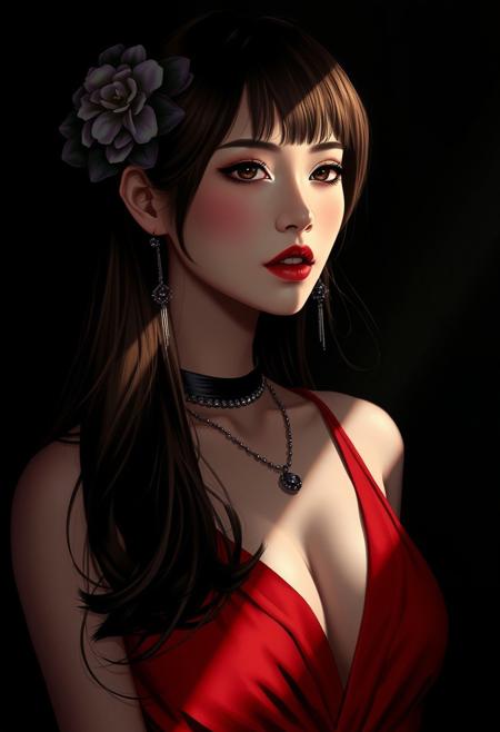 midjourney_whisper_avant_couture, photorealistic illustration, Silhouette Art, breathtaking detailed, masterpiece, awe-inspiring, dark background, photorealistic portrait of stunning Japanese supermodel, long brown hair, bangs, sidelocks, flower hair ornament, lips parted, dark eyeshadow, red lips, make-up, red cocktail dress with plunging neckline, cleavage, long earrings, necklaces, choker, silhouetted, light hitting one side of face, the other side in darkness