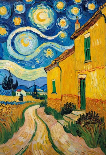 Create an image in the post-impressionist style of Vincent van Gogh, featuring a vibrant, swirling starry night over a rustic countryside. The painting should have bold, expressive brushstrokes and a rich color palette, capturing the emotional intensity and beauty of a star-filled sky.