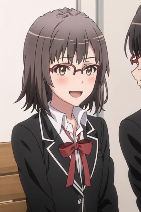 best quality, masterpiece, highres, solo, {ebina_hina_yahariorenoseishunlovecomewamachigatteiru:1.15}, short_hair, brown_hair, glasses, smile, red-framed_eyewear, black_hair, brown_eyes, 1girl, open_mouth, blush, school_uniform, anime_coloring