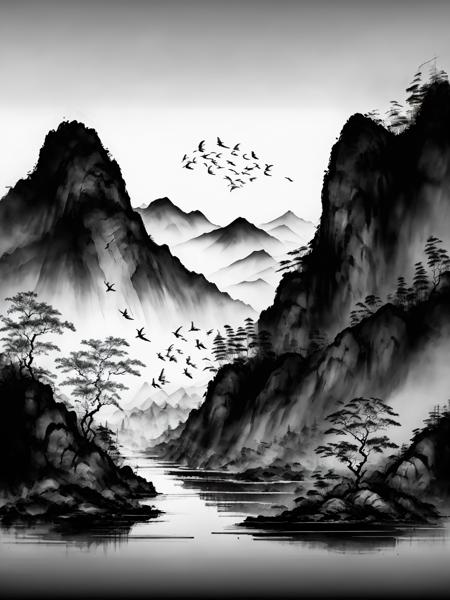 best quality, high resolution, unity 8k wallpaper, (illustration:1.0),<lora:shuimo_v1:0.9>,chinese_style,bird,sky,river,hill,monochrome,