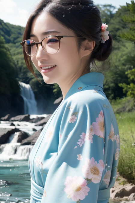 1girl,(wearing a gorgeous yukata with floral pattern:1.3),(in the countryside in Japan),(river and waterfall in the background:1.3),(forest scenery:1.2),greeneries and fresh nature,(RAW photo, best quality), (realistic, photo-realistic:1.4), masterpiece, an extremely delicate and beautiful, extremely detailed, 2k wallpaper, Amazing, finely detail, extremely detailed CG unity 8k wallpaper, ultra-detailed, highres, soft light, beautiful detailed girl, extremely detailed eyes and face, beautiful detailed nose, beautiful detailed eyes,cinematic lighting,perfect anatomy,slender body,(hair flowing by wind),bokeh,instagram beauty filter,dynamic angle,instagram beautify filter,flawless skin,(smiling),(wearing glasses:1.2)