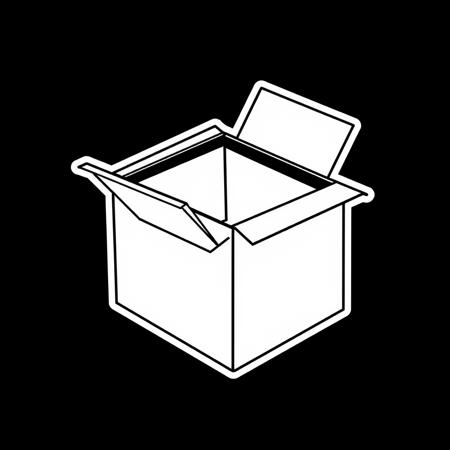 (stylized 2D, vector art), (schematic representation of an cardboard box with a medical symbol), (solid colors, thick-linework), white outline, black background, cardboard box with a medical symbol white in the center, black background, HDR, UHD, overall design is square, the design is only in black and white and minimalist in style