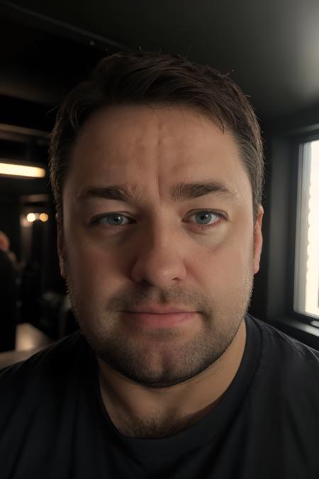 (8k, RAW photo, highest quality), JasonManford, close up, (detailed eyes:0.8), defiance512, (looking at the camera:1.4), (highest quality), (best shadow), intricate details, interior, dark studio, muted colors <lora:JasonManfordLora:1>