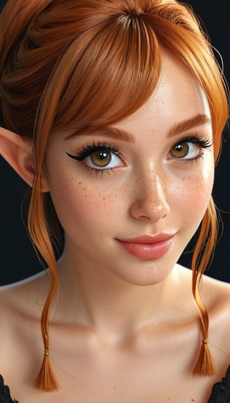 (Cel-shading:1.8), (in ARTIST style:1.7), (masterpiece:1.7), tsundere, cartoon style, comics style, fantasy theme, from side,
(masterpiece), (best quality), (ultra-detailed)
(Medium shot:2) gorgeous elf girl face, cute, beautiful, gorgeous, dark skin, smiling:1.1, (both hands on cheeks:1.1), showing emotions, perfect body, solo, long hair, (very long eyelashes:2),perfect ginger hair, streaked ginger hair, , bangs, freckles, striking large eyes, aligned eyes, mirror eyes, witch costume, , , indoor witch hut, gorgeous,fantasy theme,
eyeliner, trendy portrait, bare shoulders, tender Aesthetic nose, perfect lips, gorgeous lips, puffy lips, sensual lips, cinematic,
(masterpiece), (best quality), (incredibly detailed:1.4) (beautiful detailed face, beautiful detailed eyes), (ultra-detailed), very aesthetic, illustration, perfect composition, intricate details, absurdres, detailed skin, clean skin,  pure skin,
(masterpiece:1.8), (highest detailed:1.8), (angle:0.9), perfectly lighted, (contrast), (saturated), (((sharp focus))), (hyperdetailed:1.3), (intricate details:1.2), (Refined details:1.3), (best quality:1.5), highly detailed textures,
<lora:Apparatus_-_Traction_City_Walkers_Vehicles:0.6>,
<lora:add-detail-xl:1> (ultra sharp focus:1.8), (detailed skin:1.8), (best quality:1.8),
<lora:glowneon_xl_v1:0.6>
<lora:Someplastic_b:1>