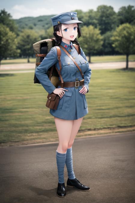 masterpiece, best quality, absurdres, high resolution, extremely detailed, 1girl, solo,   <lora:NRAuniformv0:0.8> ,NRA1926, NRA cap, cap badge,light blue uniform,leather belt pouch, NRA soldier, leg wrappings,leg_wrap, infantryman's puttee, black shoes,  black long hair, single braid,  smile,  open mouth, battlefield,  outdoors,   backpack,  hand on hip,  large breasts, <lora:shimadaFumikaneStyle_v2:1>